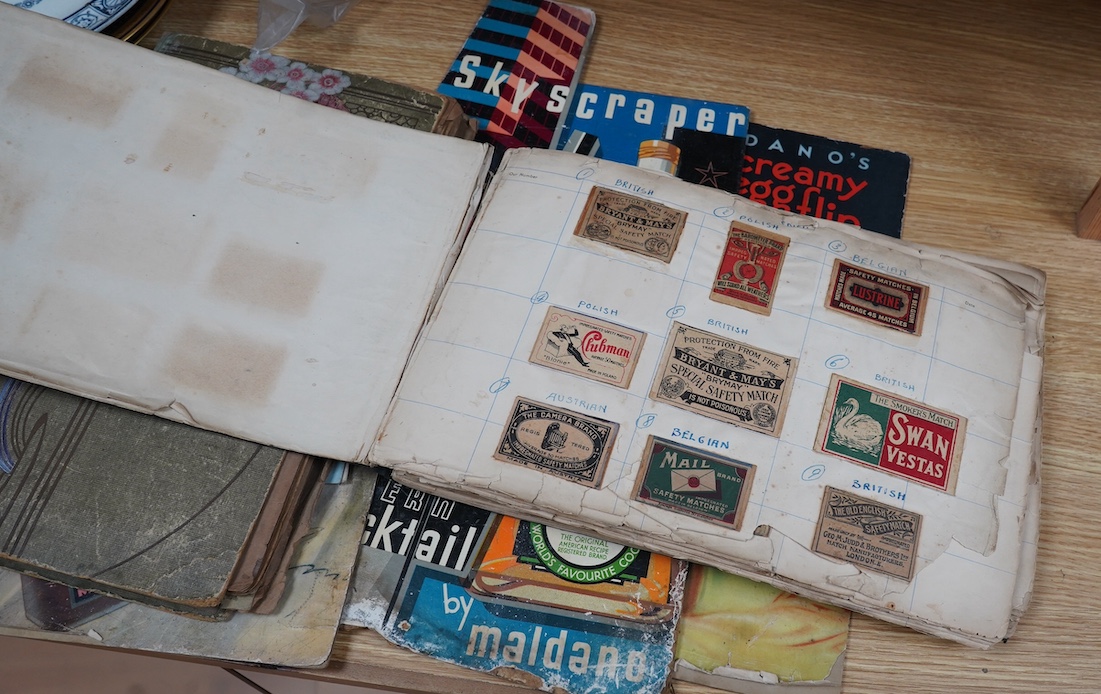 A Matchbook / box collection and advert boards, and postcards. Condition - poor to fair